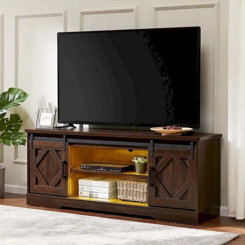 Meuble TV WAMPAT Farmhouse avec porte coulissante type « porte de grange »