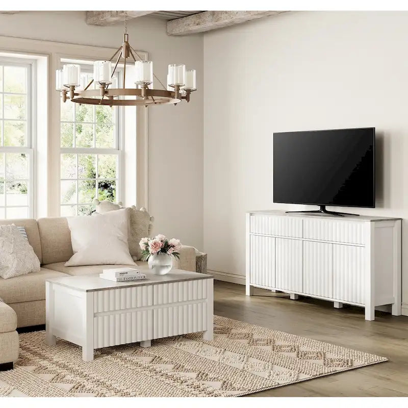 WAMPAT Meuble TV bas et table basse modernes blancs, lot de 2