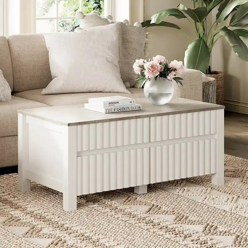WAMPAT Meuble TV bas et table basse modernes blancs, lot de 2