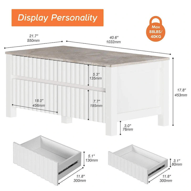WAMPAT Meuble TV bas et table basse modernes blancs, lot de 2