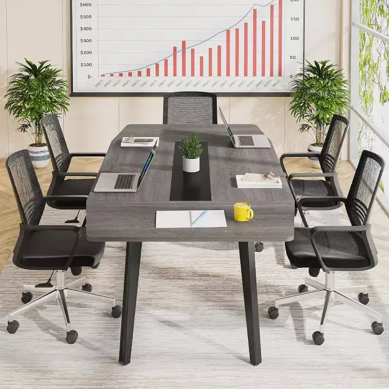 Bureau de direction en forme de bateau de 70,86 pouces – Grande surface, grain de bois industriel, noir