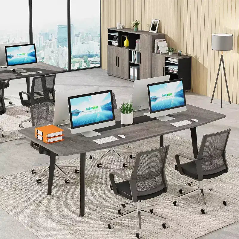 Bureau de direction en forme de bateau de 70,86 pouces – Grande surface, grain de bois industriel, noir