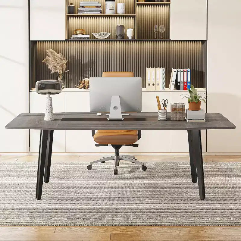 Bureau de direction en forme de bateau de 70,86 pouces – Grande surface, grain de bois industriel, noir