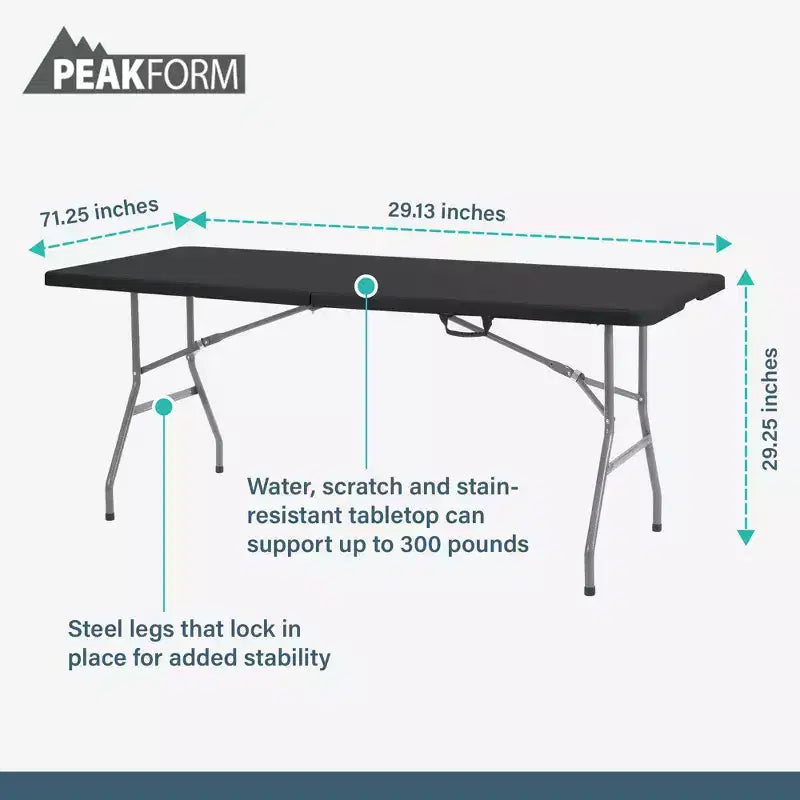 Table de banquet pliante en deux de 1,8 m – Légère, 136 kg, Intérieur et Extérieur, Noire