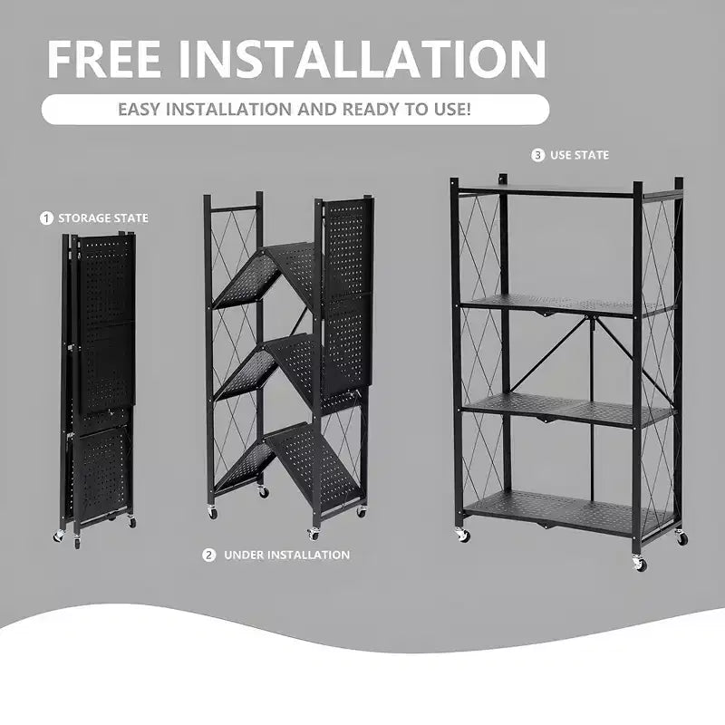 Étagère de rangement pliable en métal à 4 niveaux avec roulettes, support organisateur en fil métallique robuste noir