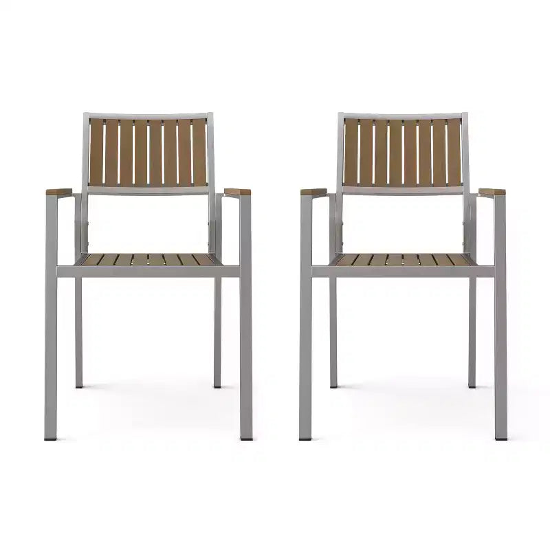 Christopher Knight Home Berteronian Aluminum and Wood Slat Panel Design Dining Chairs (Set of 2),Silver/Natural