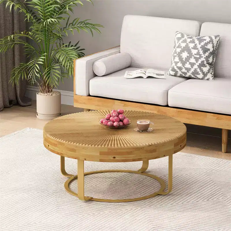 Table basse ronde moderne – Dessus en bois de pin sculpté et pieds en métal, 80 cm