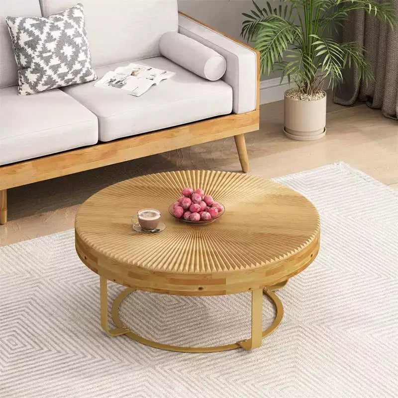 Table basse ronde moderne – Dessus en bois de pin sculpté et pieds en métal, 80 cm