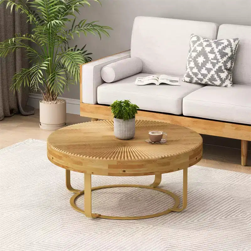 Table basse ronde moderne – Dessus en bois de pin sculpté et pieds en métal, 80 cm