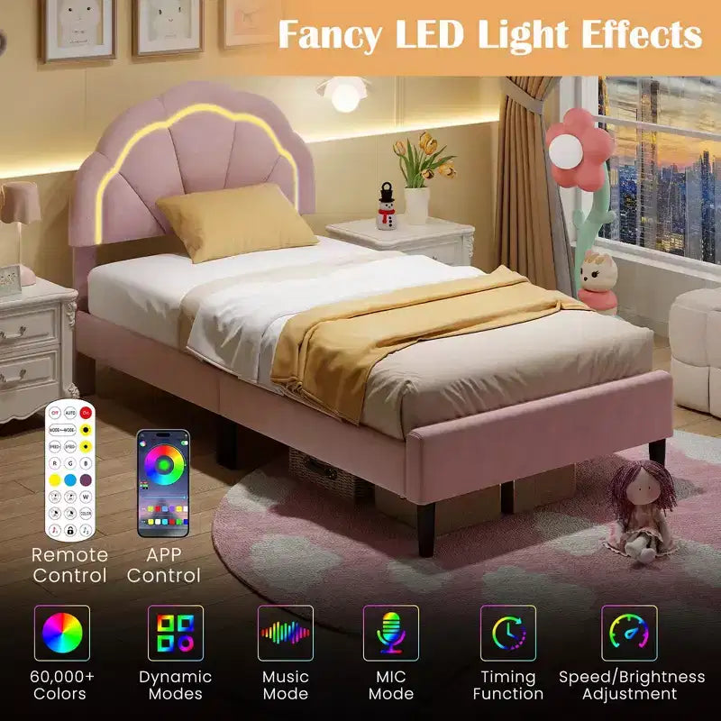 Lit plateforme LED rembourré – Tête de lit fleur en velours, une ou deux places/Queen