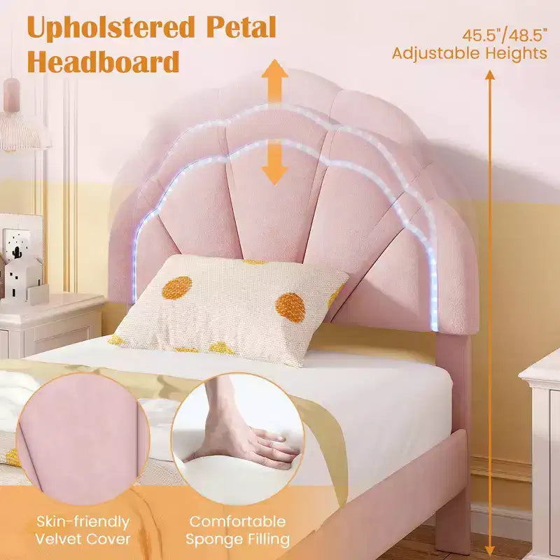 Lit plateforme LED rembourré – Tête de lit fleur en velours, une ou deux places/Queen