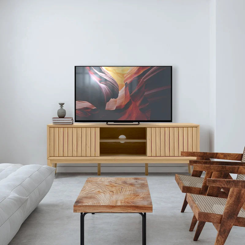 Meuble TV de ferme Damien de 58 po avec 3 rangements et porte coulissante, convient aux téléviseurs jusqu'à 65 po, avec gestion des câbles, par JONATHAN Y - 58