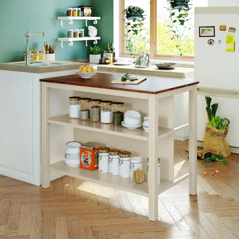 Table de cuisine îlot fixe rustique en bois massif de 45 pouces, table de salle à manger/préparation en bois d'hévéa avec 2 étagères ouvertes