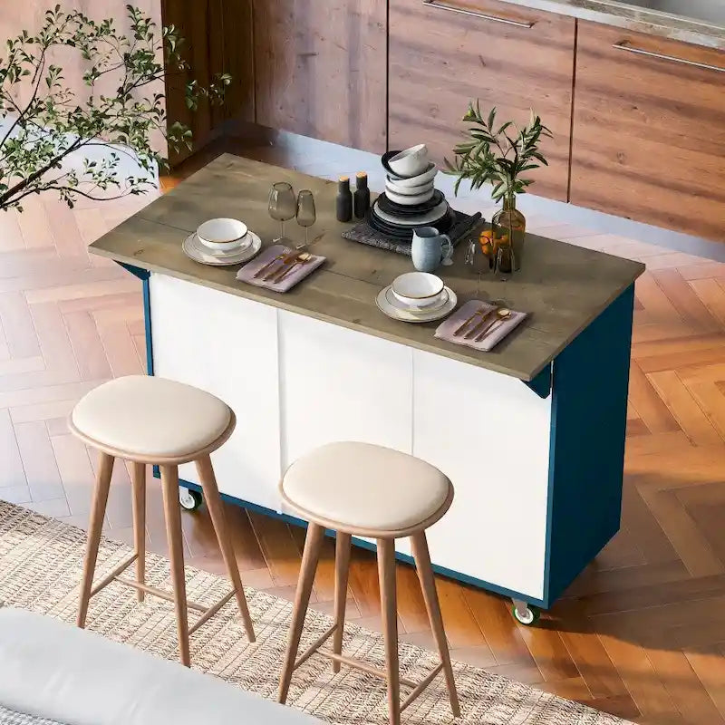 Îlot de cuisine rétro en MDF sur roulettes avec abattant et porte-serviettes
