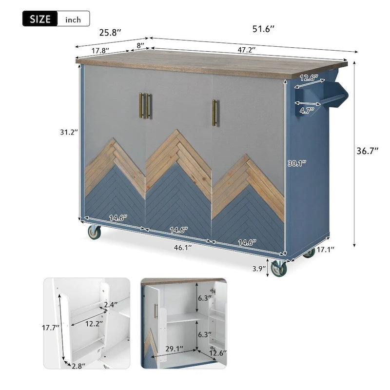Îlot de cuisine rétro en MDF sur roulettes avec abattant et porte-serviettes