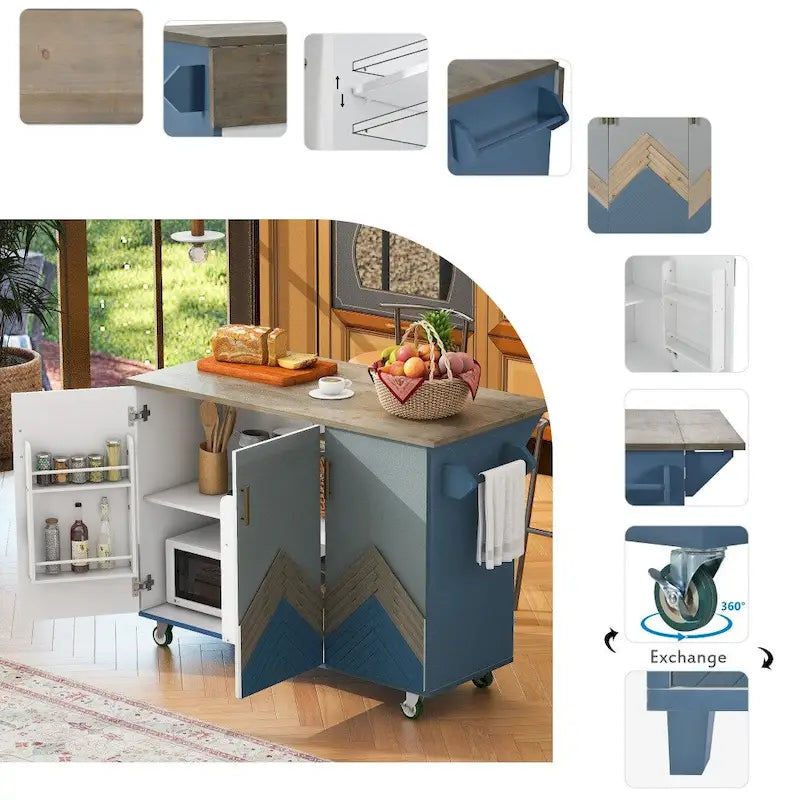 Îlot de cuisine rétro en MDF sur roulettes avec abattant et porte-serviettes