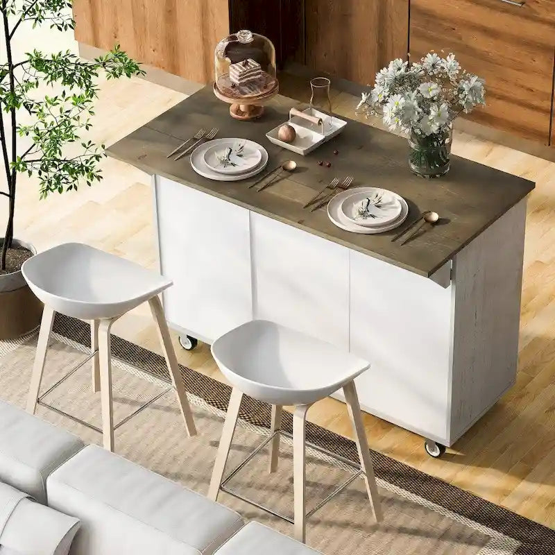 Îlot de cuisine rétro en MDF sur roulettes avec abattant et porte-serviettes