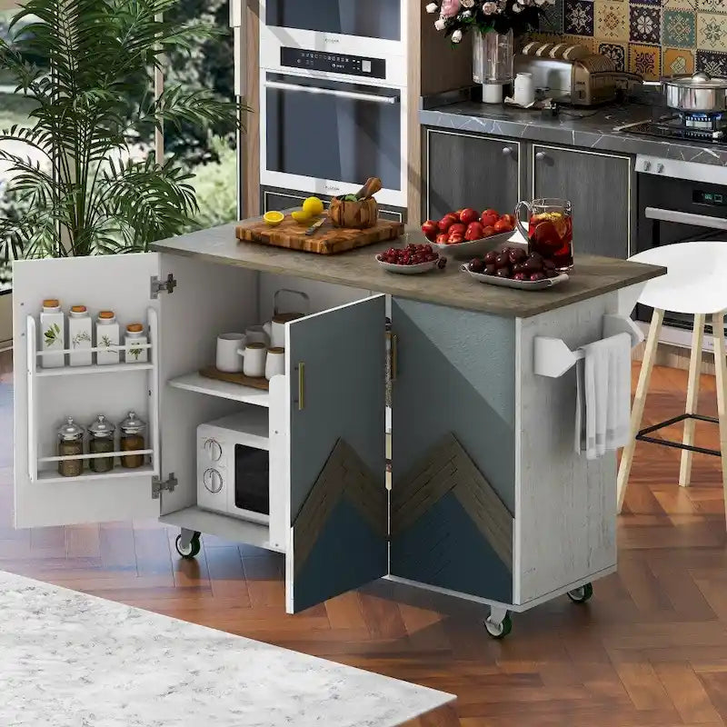 Îlot de cuisine rétro en MDF sur roulettes avec abattant et porte-serviettes