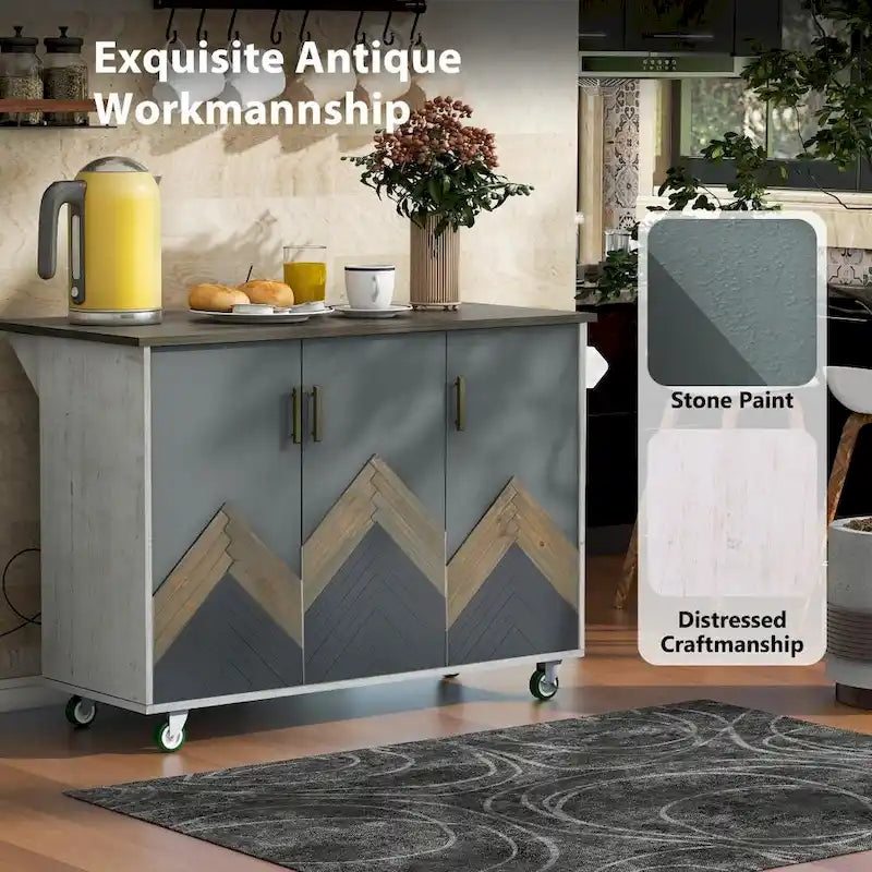 Îlot de cuisine rétro en MDF sur roulettes avec abattant et porte-serviettes