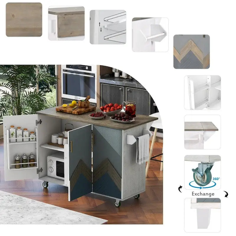 Îlot de cuisine rétro en MDF sur roulettes avec abattant et porte-serviettes