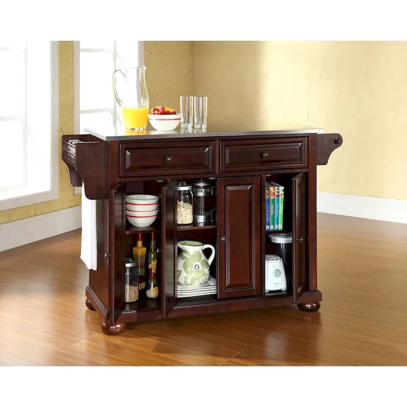 Îlot de cuisine Alexandria en acajou vintage avec plateau en acier inoxydable - 18p x 51,5L x 34H