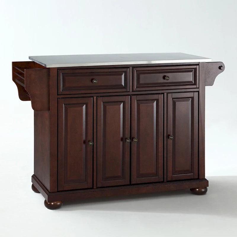 Îlot de cuisine Alexandria en acajou vintage avec plateau en acier inoxydable - 18p x 51,5L x 34H