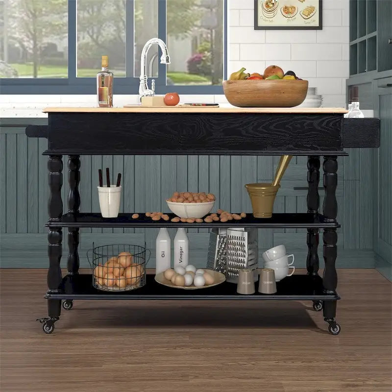 Desserte de cuisine roulante en bois de chêne avec porte-bouteilles et 2 tiroirs