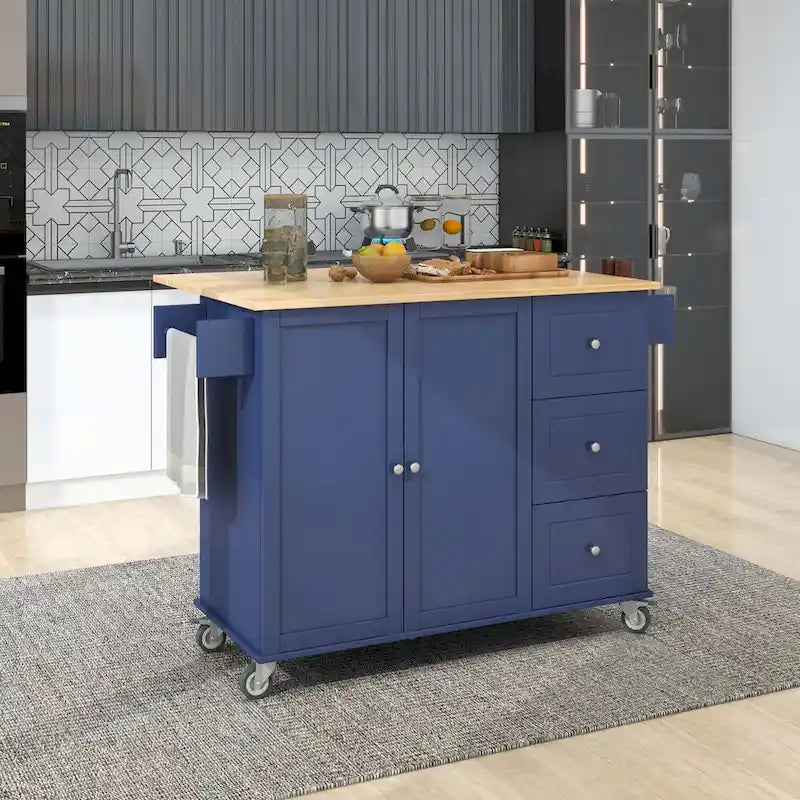 Îlot de cuisine roulant avec abattant – Plateau en bois massif, roulettes verrouillables et armoire de rangement 133,9 cm de largeur (bleu foncé)
