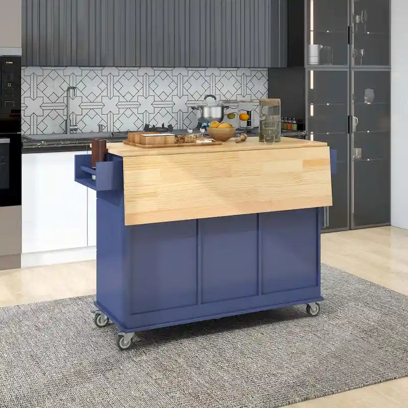 Îlot de cuisine roulant avec abattant – Plateau en bois massif, roulettes verrouillables et armoire de rangement 133,9 cm de largeur (bleu foncé)