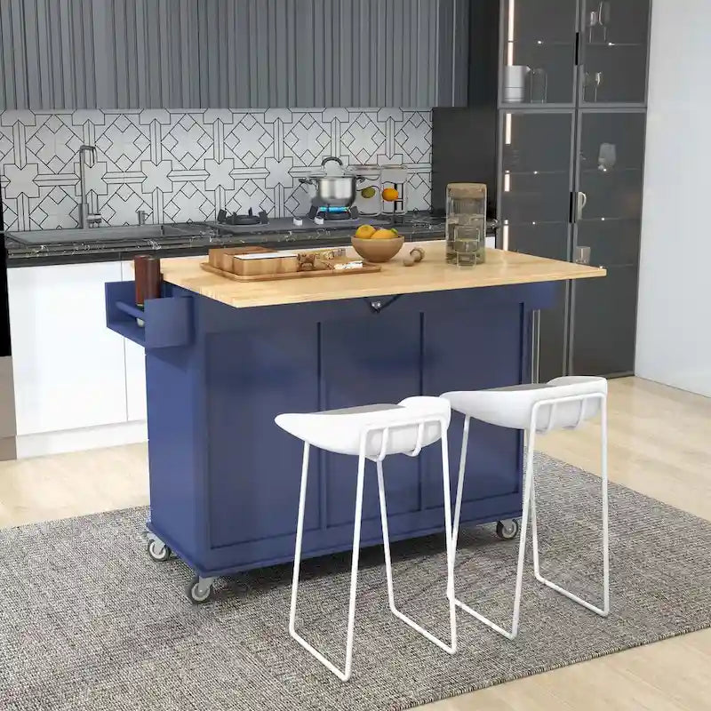 Îlot de cuisine roulant avec abattant – Plateau en bois massif, roulettes verrouillables et armoire de rangement 133,9 cm de largeur (bleu foncé)