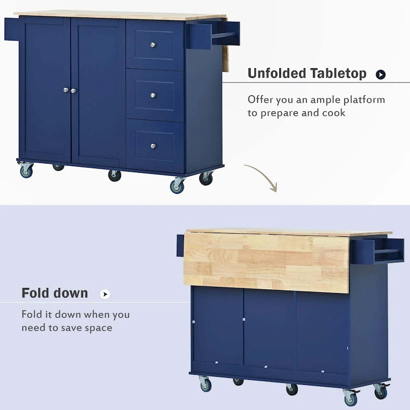 Îlot de cuisine roulant avec abattant – Plateau en bois massif, roulettes verrouillables et armoire de rangement 133,9 cm de largeur (bleu foncé)