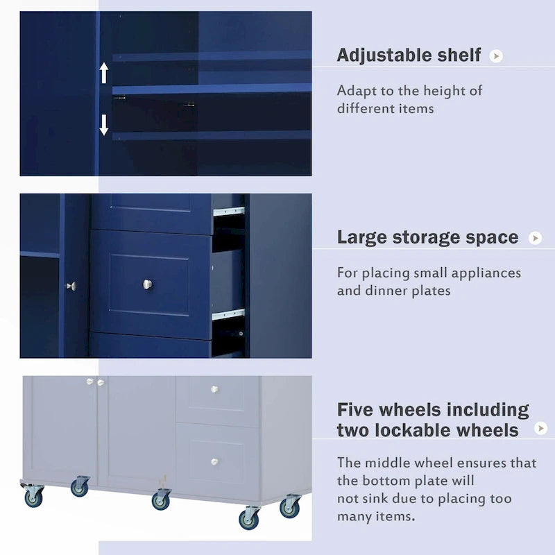 Îlot de cuisine roulant avec abattant – Plateau en bois massif, roulettes verrouillables et armoire de rangement 133,9 cm de largeur (bleu foncé)