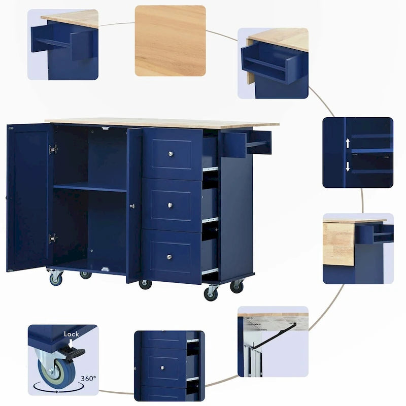 Îlot de cuisine roulant avec abattant – Plateau en bois massif, roulettes verrouillables et armoire de rangement 133,9 cm de largeur (bleu foncé)