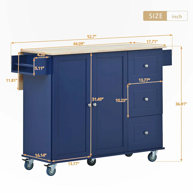 Îlot de cuisine roulant avec abattant – Plateau en bois massif, roulettes verrouillables et armoire de rangement 133,9 cm de largeur (bleu foncé)