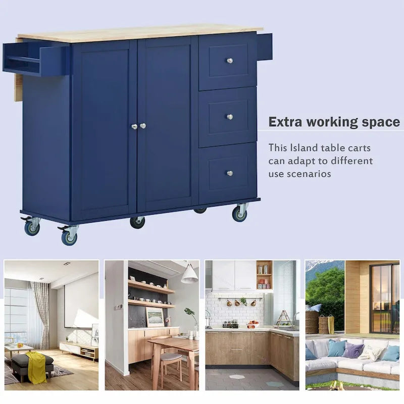 Îlot de cuisine roulant avec abattant – Plateau en bois massif, roulettes verrouillables et armoire de rangement 133,9 cm de largeur (bleu foncé)