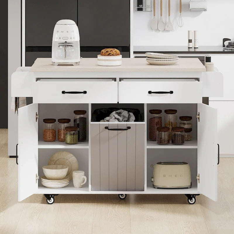 Îlot de cuisine avec meuble de rangement pour poubelle, chariot à abattant, porte-épices et porte-serviettes, chariot roulant sur roulettes avec étagère réglable