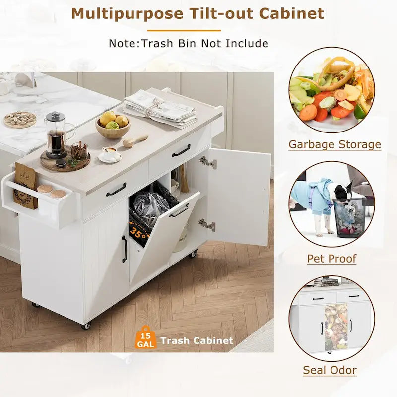 Îlot de cuisine avec meuble de rangement pour poubelle, chariot à abattant, porte-épices et porte-serviettes, chariot roulant sur roulettes avec étagère réglable