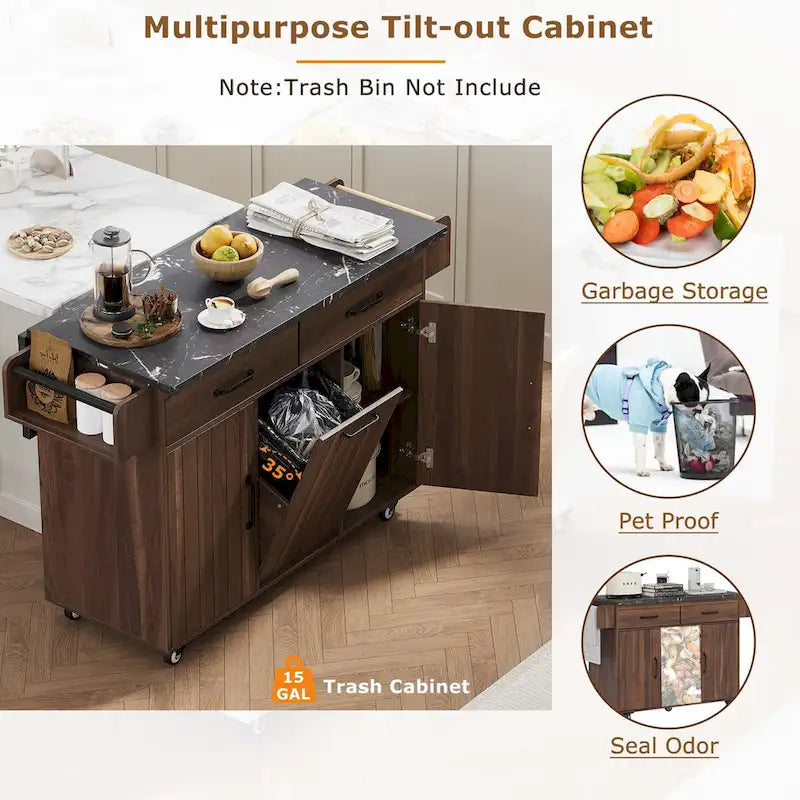 Îlot de cuisine avec meuble de rangement pour poubelle, chariot à abattant, porte-épices et porte-serviettes, chariot roulant sur roulettes avec étagère réglable