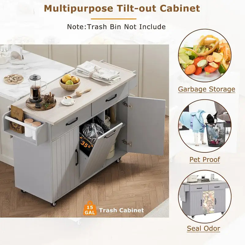 Îlot de cuisine avec meuble de rangement pour poubelle, chariot à abattant, porte-épices et porte-serviettes, chariot roulant sur roulettes avec étagère réglable