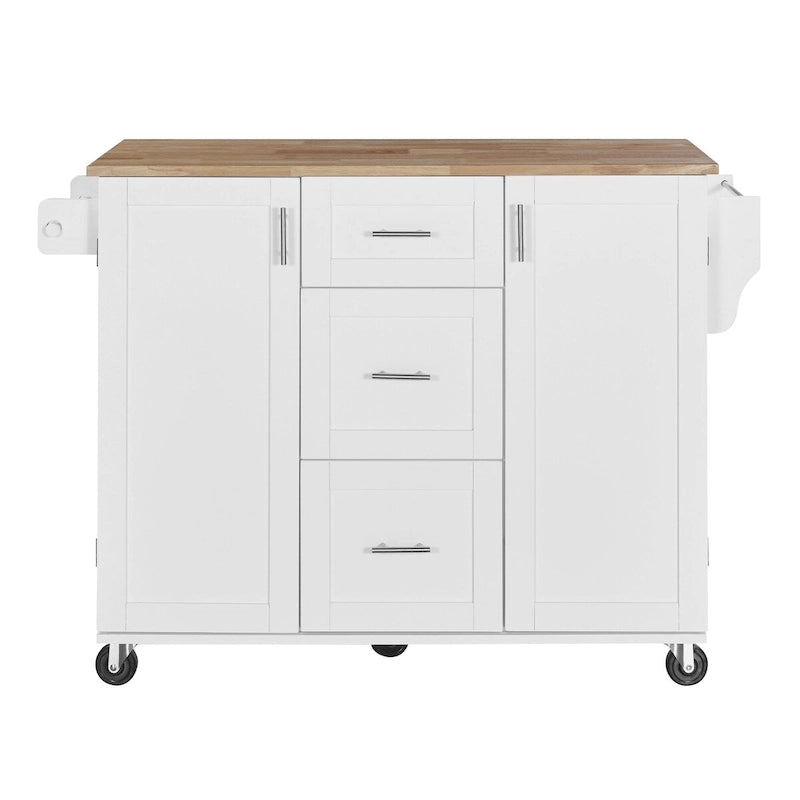 Îlot de cuisine de 127 cm de large avec 3 tiroirs, 2 étagères coulissantes et un support de rangement interne