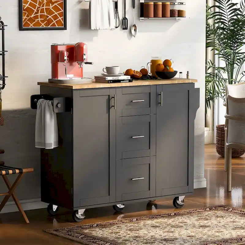 Îlot de cuisine de 127 cm de large avec 3 tiroirs, 2 étagères coulissantes et un support de rangement interne