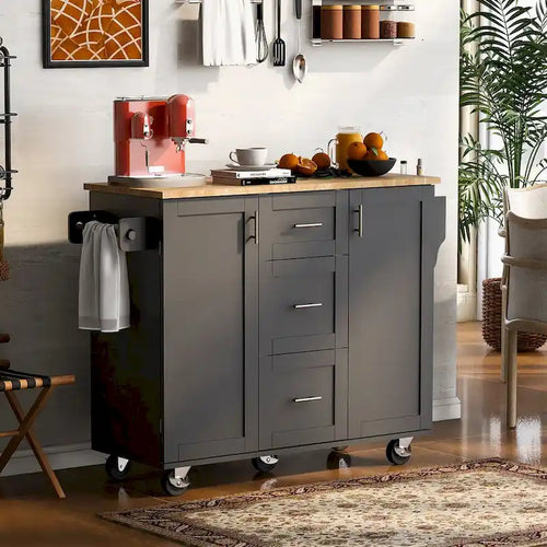 Îlot de cuisine de 127 cm de large avec 3 tiroirs, 2 étagères coulissantes et un support de rangement interne