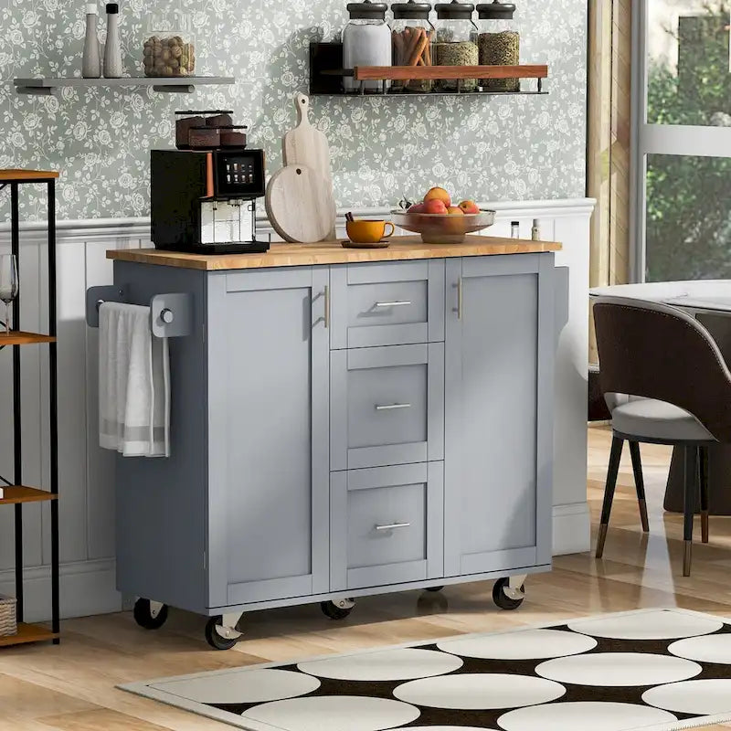 Îlot de cuisine de 127 cm de large avec 3 tiroirs, 2 étagères coulissantes et un support de rangement interne