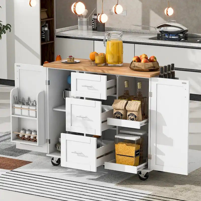 Îlot de cuisine de 127 cm de large avec 3 tiroirs, 2 étagères coulissantes et un support de rangement interne