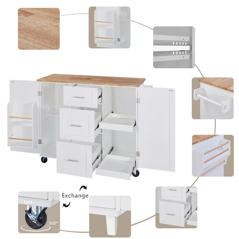 Îlot de cuisine de 127 cm de large avec 3 tiroirs, 2 étagères coulissantes et un support de rangement interne