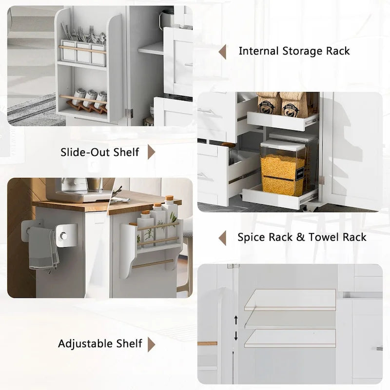 Îlot de cuisine de 127 cm de large avec 3 tiroirs, 2 étagères coulissantes et un support de rangement interne