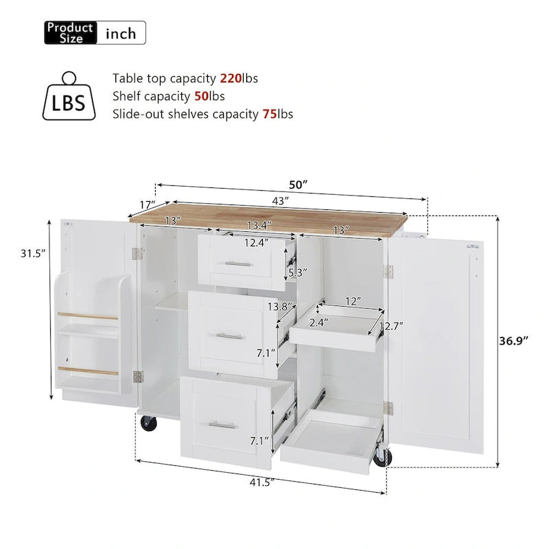 Îlot de cuisine de 127 cm de large avec 3 tiroirs, 2 étagères coulissantes et un support de rangement interne