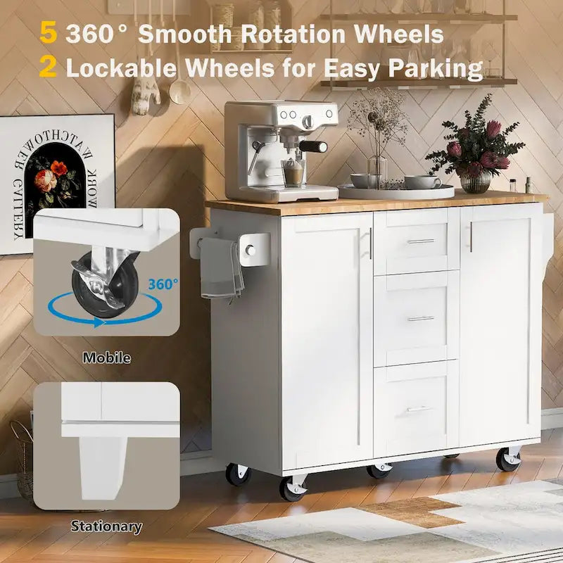 Îlot de cuisine de 127 cm de large avec 3 tiroirs, 2 étagères coulissantes et un support de rangement interne