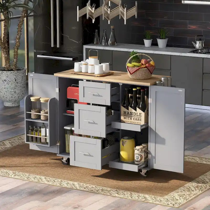 Îlot de cuisine de 127 cm de large avec 3 tiroirs, 2 étagères coulissantes et un support de rangement interne