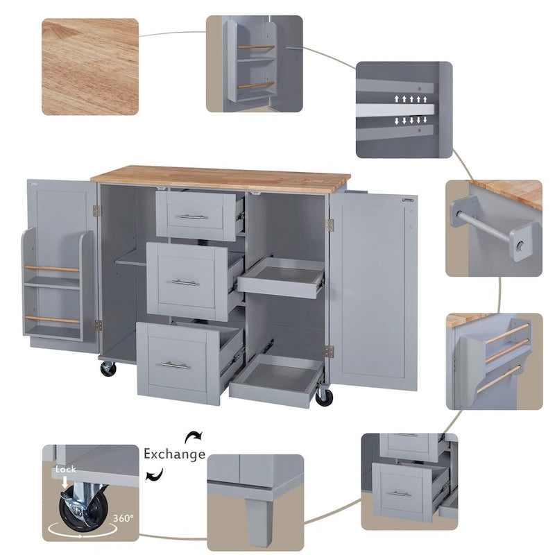 Îlot de cuisine de 127 cm de large avec 3 tiroirs, 2 étagères coulissantes et un support de rangement interne